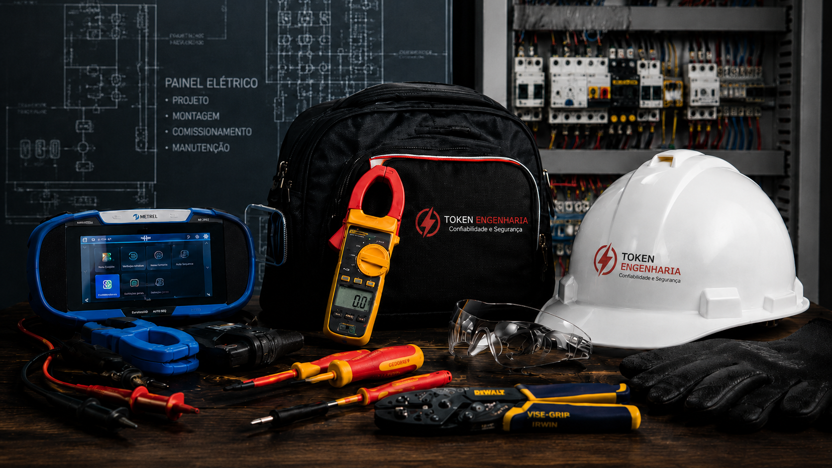 Kit de equipamentos Token Engenharia: capacete, bolsa de campo, alicate amperímetro Fluke e ferramentas elétricas